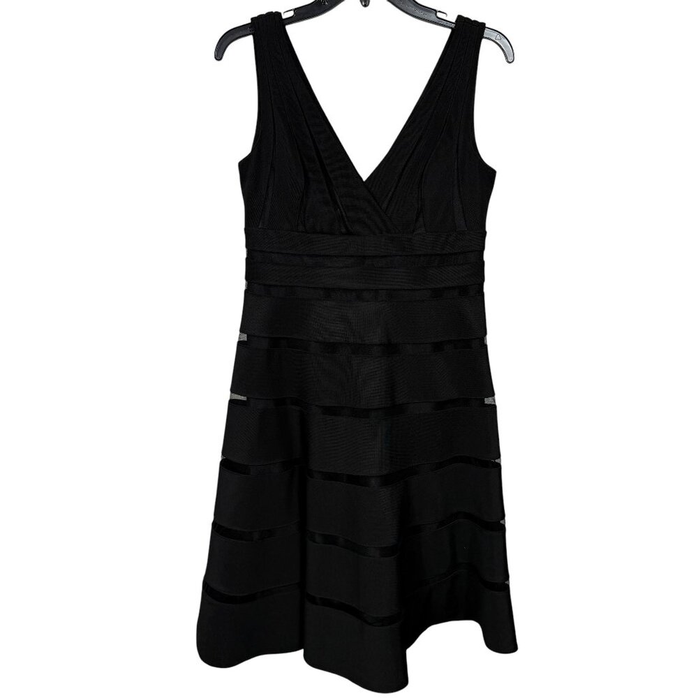 White House Black Market Dress Size 6 Black Striped A Line Mesh Bandage Classy - Picture 2 of 9